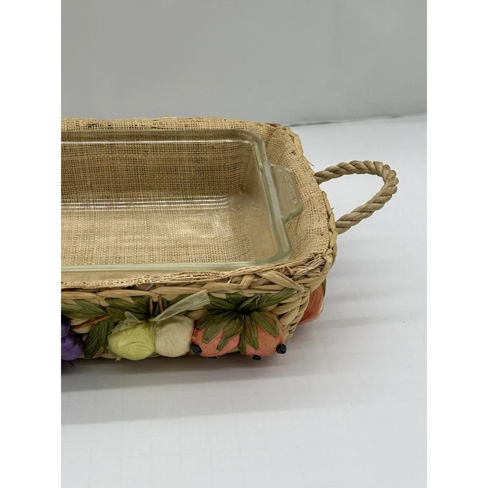 VTG Raffia Casserole Dish Carrier Basket Set of 2 with Anchor Hocking Glass Dish